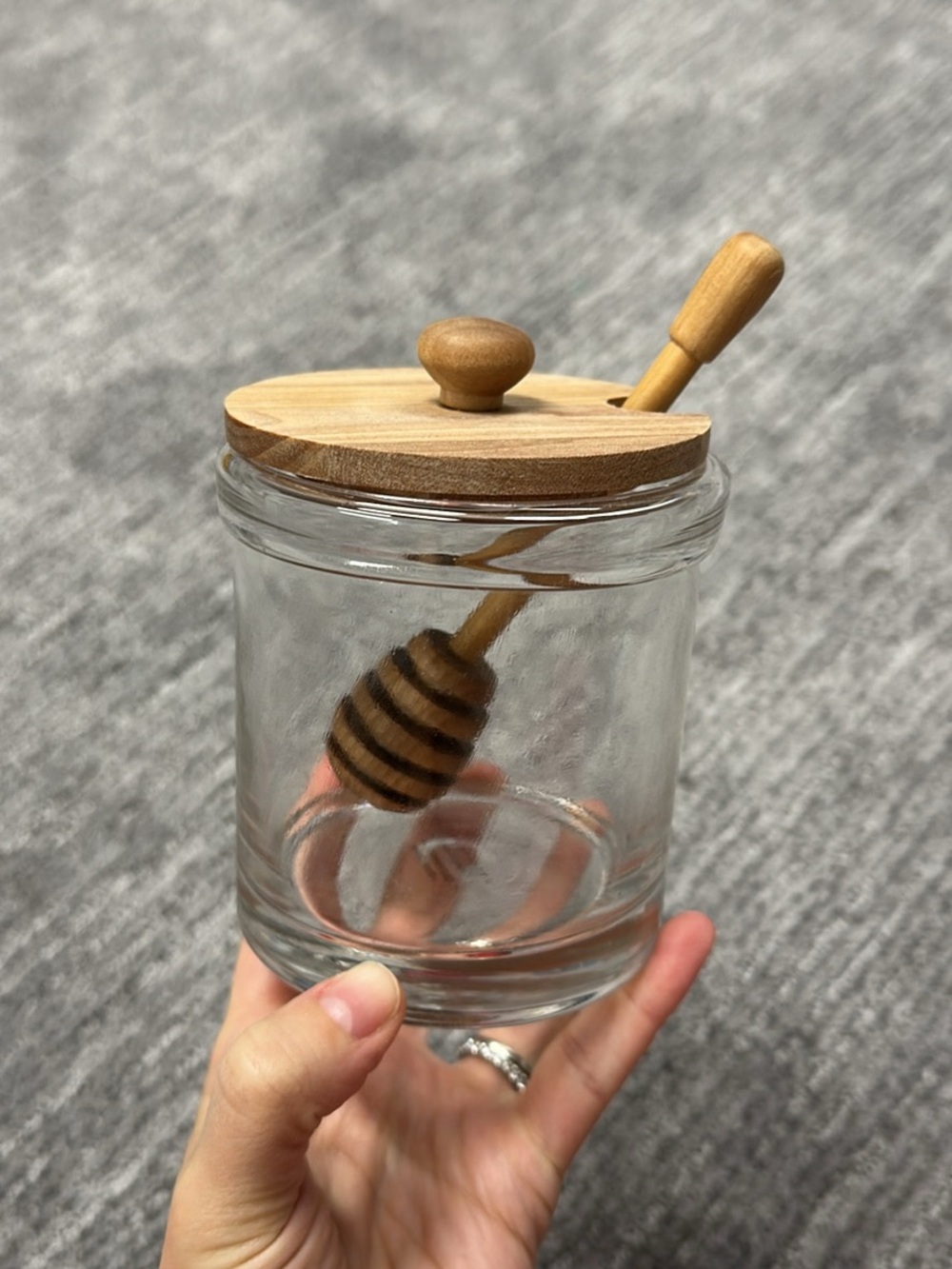 Pottery Barn Glass Honey Jar with Wooden Lid and Dipper - Natural Wood